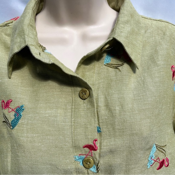 Hearts of Palm Green Linen Blend Shirt with Flamingos - Size 10 - Picture 3 of 11